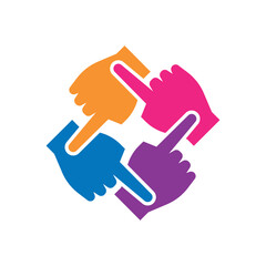 Four pointing fingers in a circular formation. Teamwork business concept. Vector illustration