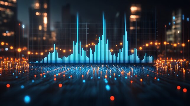 Cityscape with digital graph showing growth.