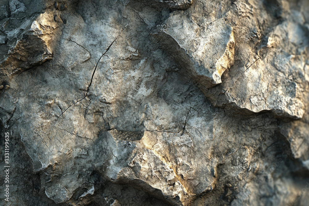 Poster close-up of a rough, textured rock surface with cracks and crevices, showing variations in color and