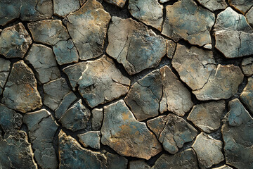 Irregularly shaped dark stones form a textured wall, displaying a mix of grey, brown, and blue hues.