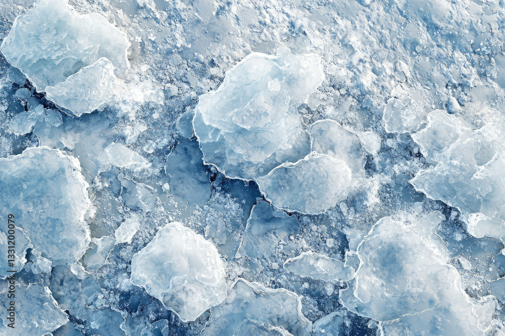 Poster an aerial view of fractured ice on a frozen body of water, showcasing a unique icy texture and patte