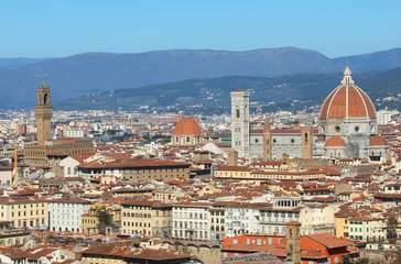  view from above of Florence in Italy with the most famous monuments from left to right: Palazzo Vecchio Tower, Giotto s Campanile, and the Duomo s Dome © ChiccoDodiFC