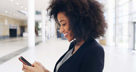 Business woman, phone and smile in office lobby with social media, email or convention networking....