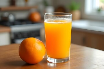 Glass of orange juice on wooden table with kitchen background. Background for food, drink and product. Product mock up design