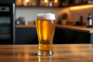 Glass of beer on wooden table with kitchen background. Background for food, drink and product. Product mock up design