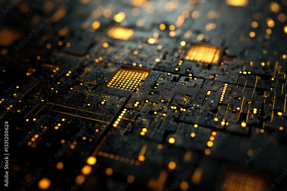 Poster abstract close-up of a futuristic circuit board with glowing components, showcasing intricate techno