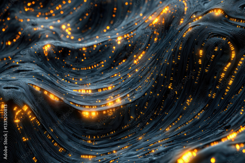 Aufkleber Abstract digital landscape with glowing lines and dark waves, representing data flow or neural network.