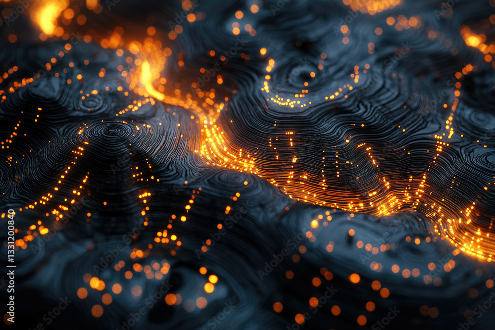 Poster Abstract dark background with glowing orange lines and particles creating a wavy, topographic effect.