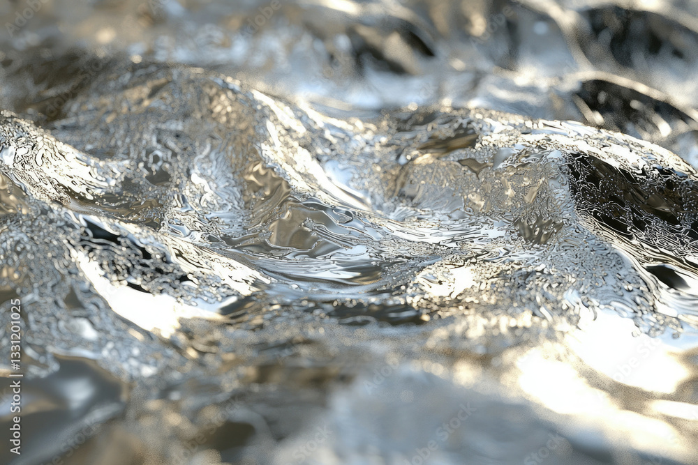 Poster abstract image of flowing, shimmering liquid metal, creating a sense of fluidity and reflective surf