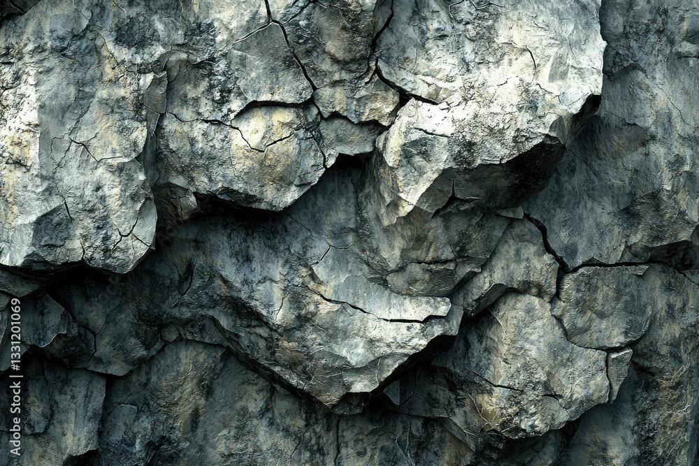 Poster close-up view of a rugged, grey rock face with deep crevices and cracks.