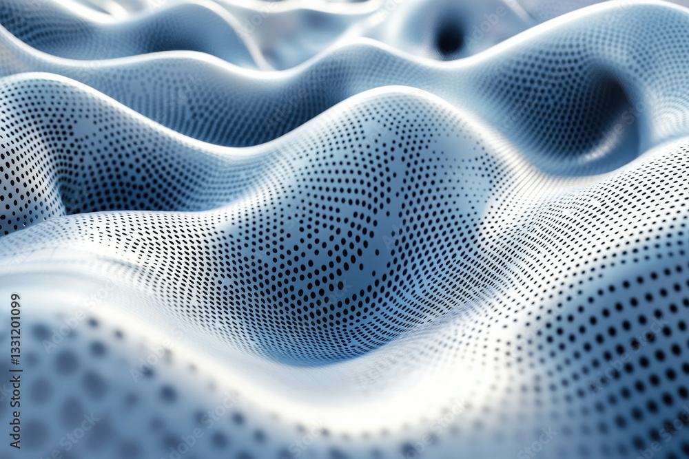 Poster Abstract 3D rendering of a wavy surface with a dotted pattern, showcasing a futuristic and technological design.