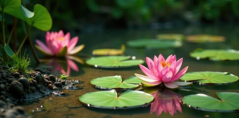 Water lily pond with pandanus growing out of muddy bank, muddy, wet, water