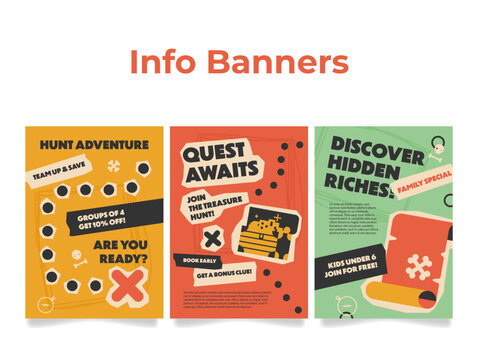 Treasure hunt event banners promoting adventure and family fun with special offers and activities for all ages