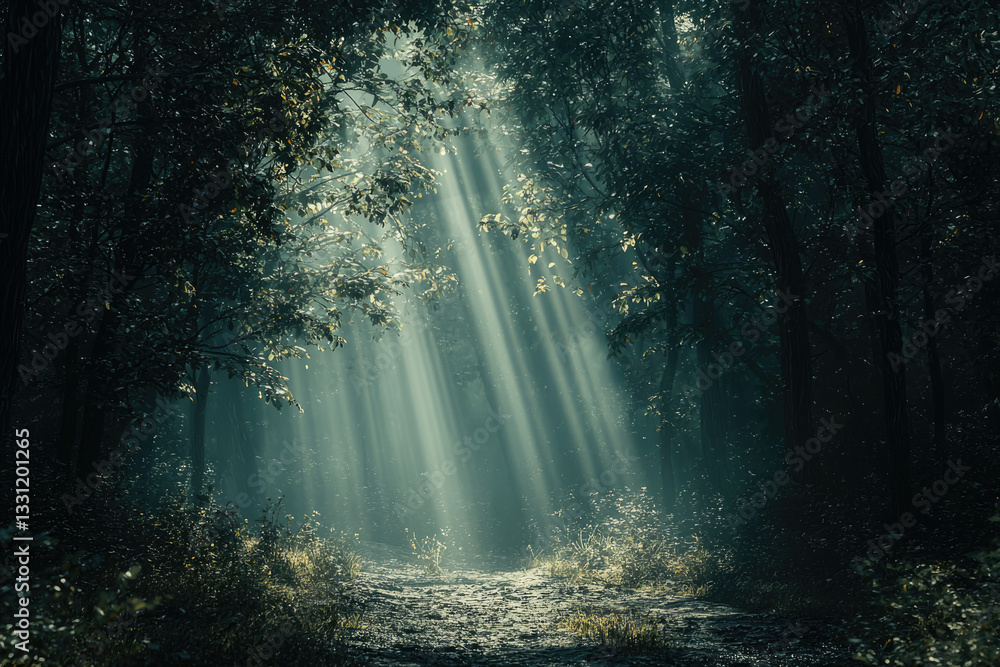 Aufkleber sunbeams pierce a dark, mysterious forest, illuminating a path through dense trees and foliage.
