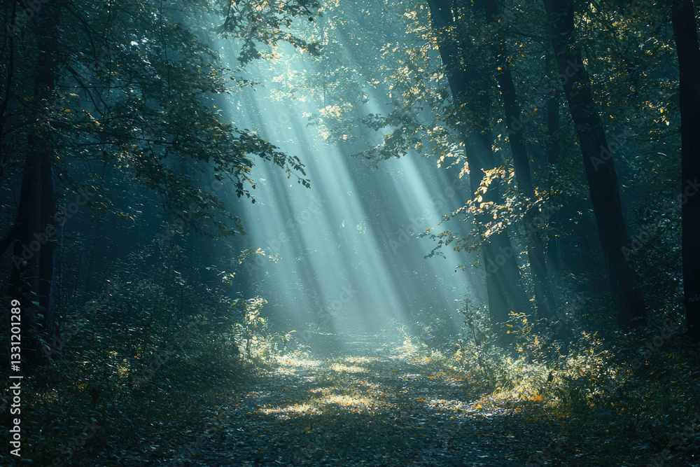 Poster sunbeams pierce through a misty forest, illuminating a path leading deeper into the tranquil woods.