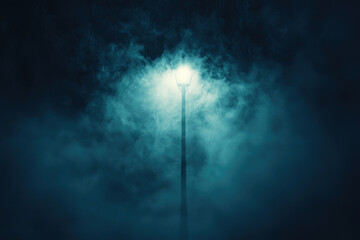 Fototapeta premium A lone streetlight illuminates a foggy, dark night, creating a mysterious and atmospheric scene.