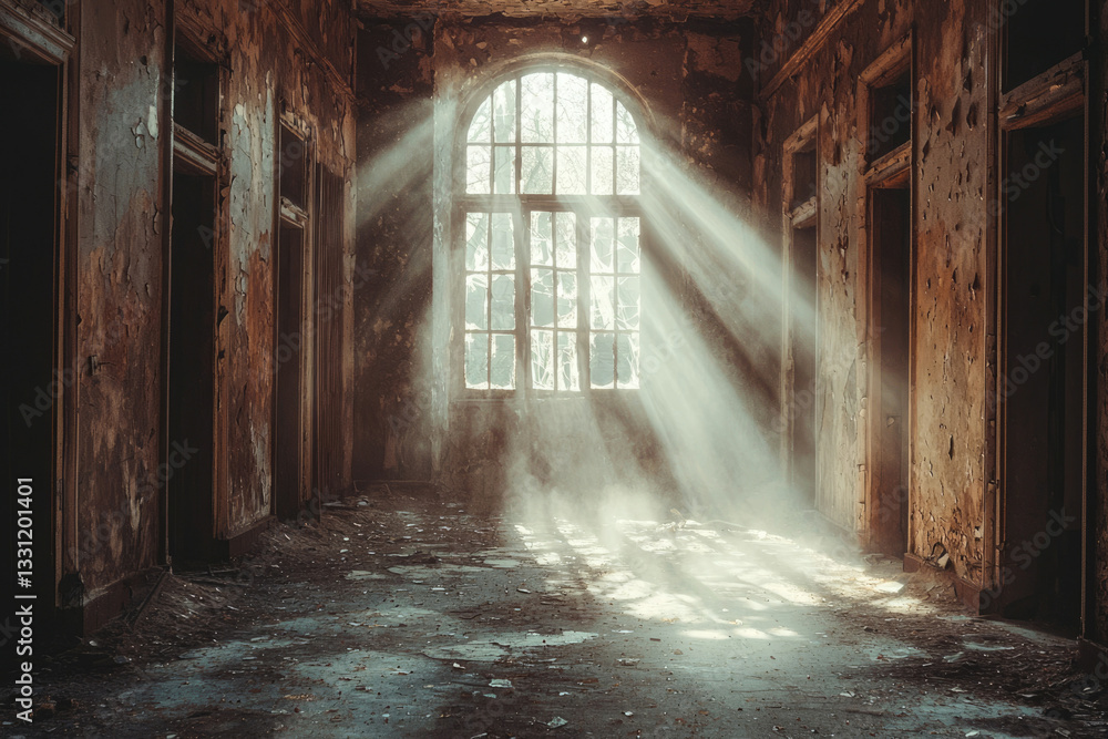 Poster sunbeams illuminate a decaying hallway, dust motes dancing in the light of a large arched window.