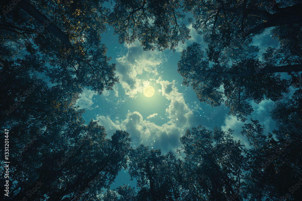 Poster full moon shining brightly in the night sky, surrounded by tall trees creating a magical scene.