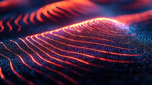 Glowing dotted lines create a digital wave effect on a dark surface