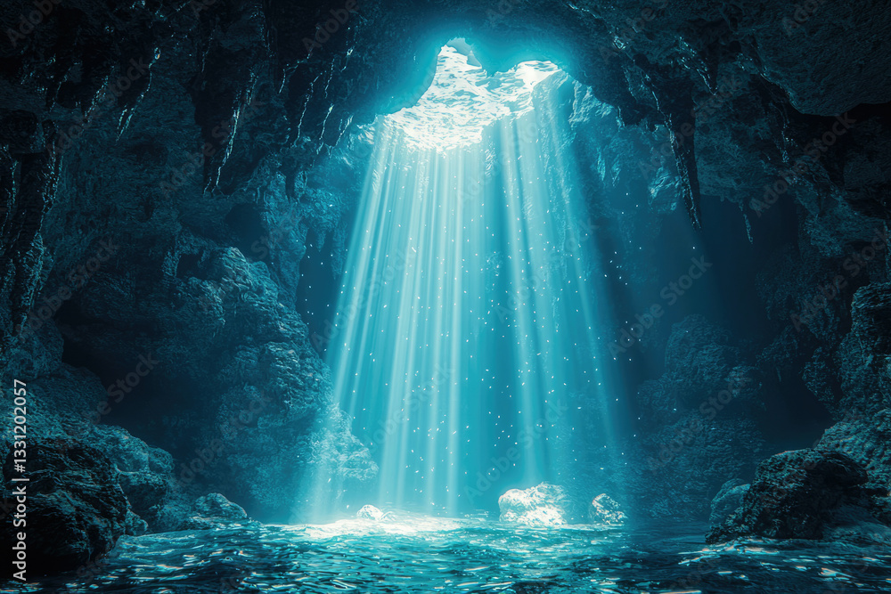 Poster sunbeams illuminate a submerged underwater cave, creating a magical, ethereal scene.