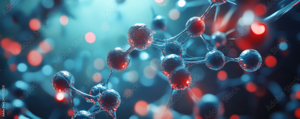 Poster computational biology, dynamic molecular structure with intricate connections and glowing elements