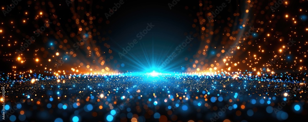 Poster abstract blue and orange glowing particles background dynamic light effects sparkling bokeh