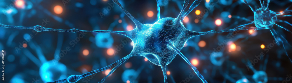 Poster computational biology, neural network structure with glowing connections and nodes, showcasing advan