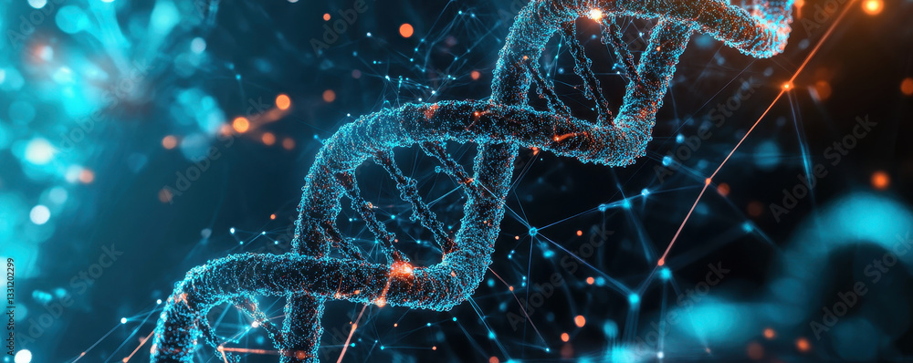 Poster computational biology, double helix structure of dna with glowing connections and nodes, symbolizing