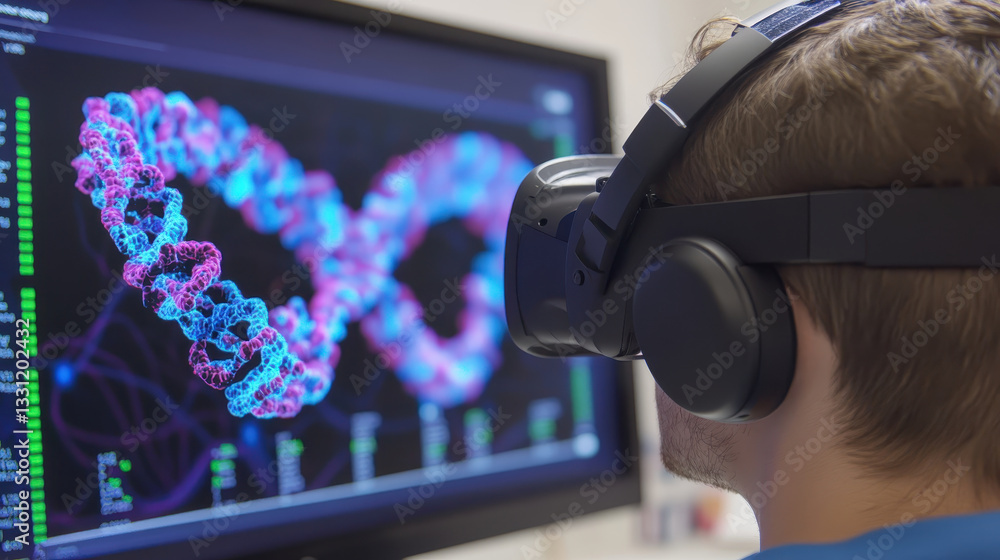 Poster computational biology, virtual reality headset user analyzing complex genetic data visualization