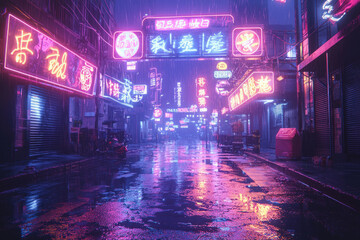 Rain-soaked neon-lit Asian alleyway at night, vibrant colors reflecting on wet pavement.