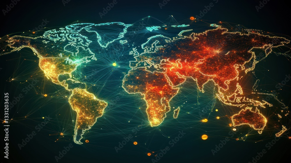 Aufkleber global network connection map with glowing lines and nodes illustrating worldwide communication and 