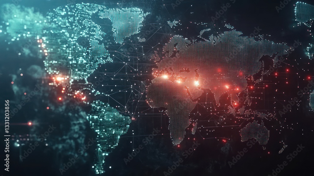 Poster global network connection map with glowing nodes representing data transfer and communication across