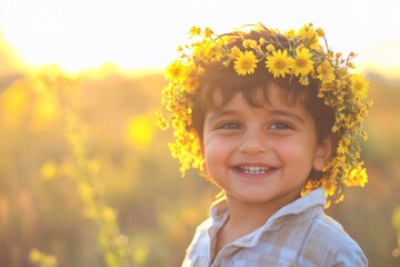 Smiling middle eastern infant boy with tt hair wearing yellow flower crown on his head. Dawn light. Happy sunny days holidays idea art. Boy enjoying summer holidays. Sun-drenched holiday joy.