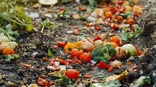 Awareness on food waste with discarded vegetables and fruits for stop food waste day campaign