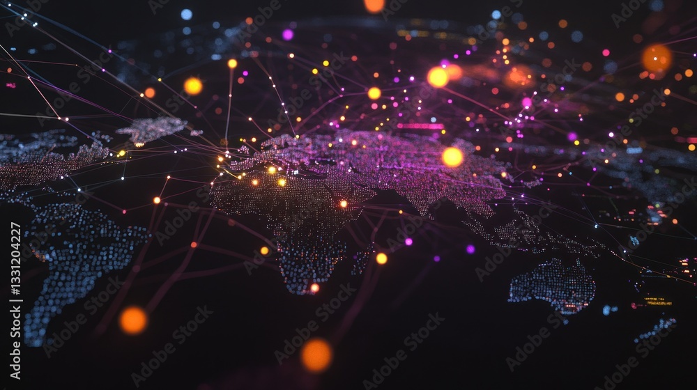 Aufkleber global network connections visualized on a 3d world map with glowing nodes and lines representing da