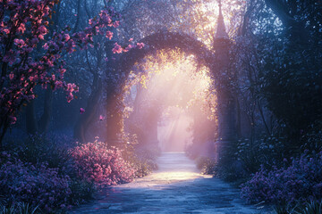Fototapeta premium Sunlit path through a mystical forest archway, adorned with blooming flowers and soft mist.