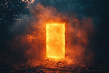 Obraz premium A fiery, mystical doorway glows intensely within a dark, smoky forest, beckoning entry.