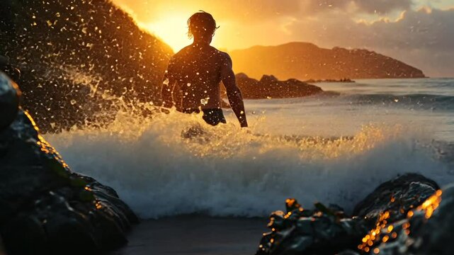 Mann geht am Strand in der Abendsonne entlang der Wellen