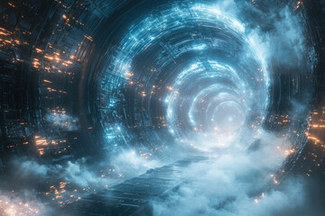 A futuristic, glowing tunnel leads to an unknown destination, shrouded in ethereal mist.