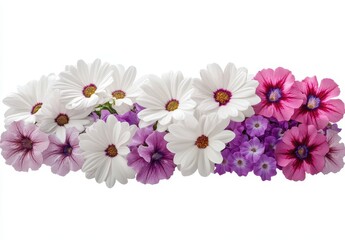 Beautiful array of colorful flowers featuring daisies, petunias, and other vibrant blooms on a bright white background for floral decoration
