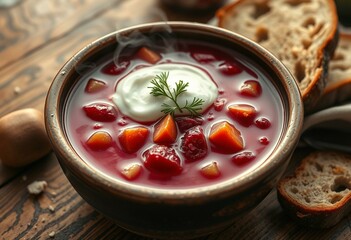 Borscht soup with sour cream and fresh dill