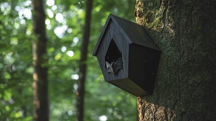 A black wooden bat box hangs from a tree in the forest to provide shelter for bats