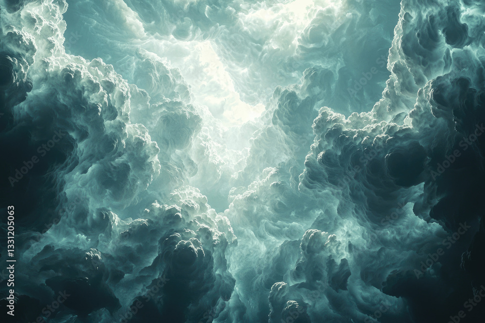 Poster a breathtaking view from within a massive, ethereal teal cloud formation, light piercing through the