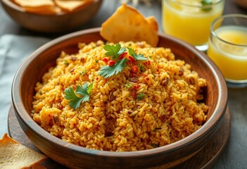 A warm, golden-brown plate of Jollof Rice with a sprinkle of parsley and red pepper flakes, served with plantain chips and pineapple juice.