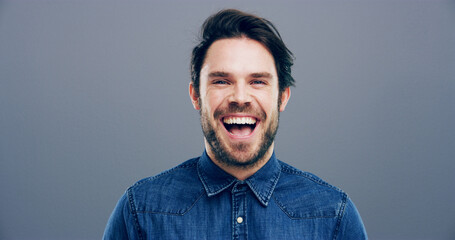 Laugh, business and creative with portrait of man in studio for storyboard artist, inspiration and...