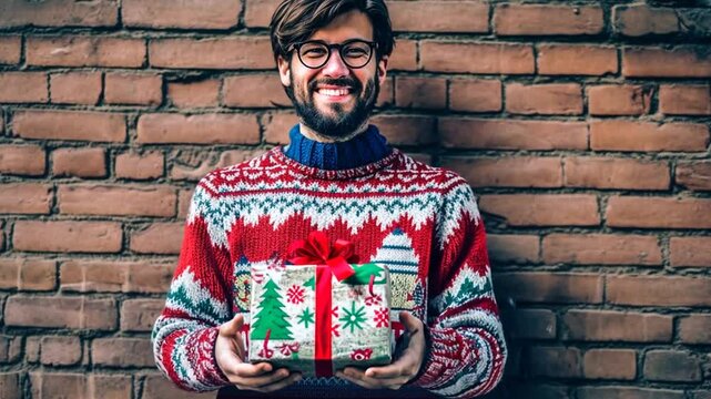 L&auml;chelnder Mann im bunten Winterpullover h&auml;lt ein Geschenk vor einer Backsteinwand