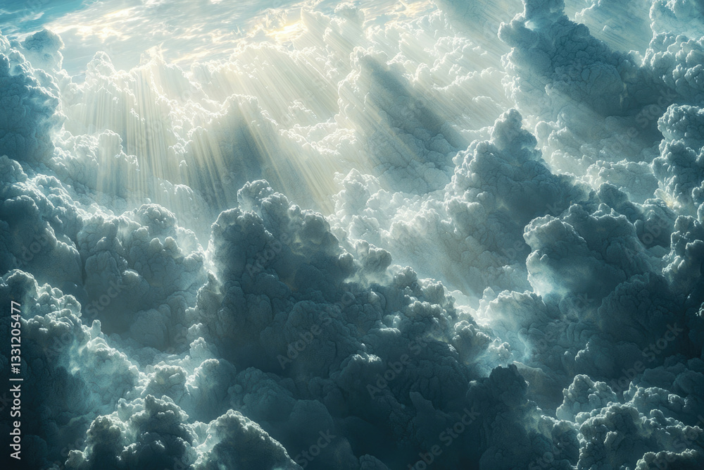 Poster sunbeams pierce through a dramatic, textured expanse of clouds, creating a breathtaking celestial sc