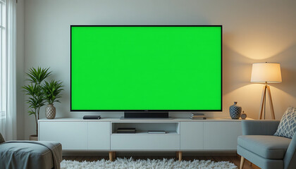 A modern and cozy living room featuring a large flat-screen TV with a green screen for mockup purposes. 