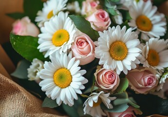 Obraz premium Beautiful bouquet featuring white daisies and pink roses arranged with fresh greenery for a delightful gift or decoration