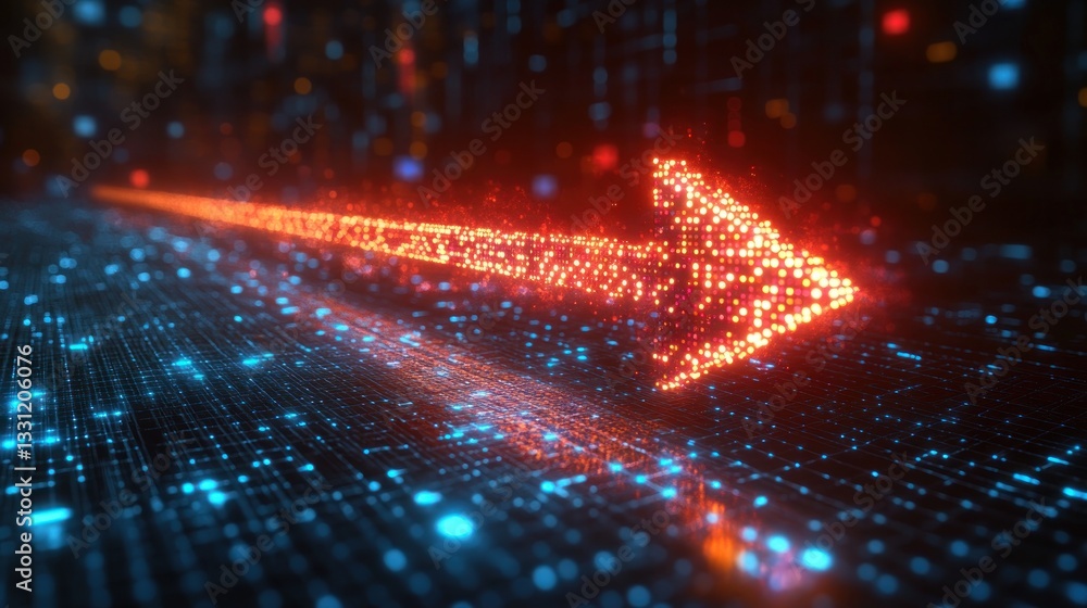 Poster glowing arrow moving along a digital highway, symbolizing data flow, progress, and innovation.